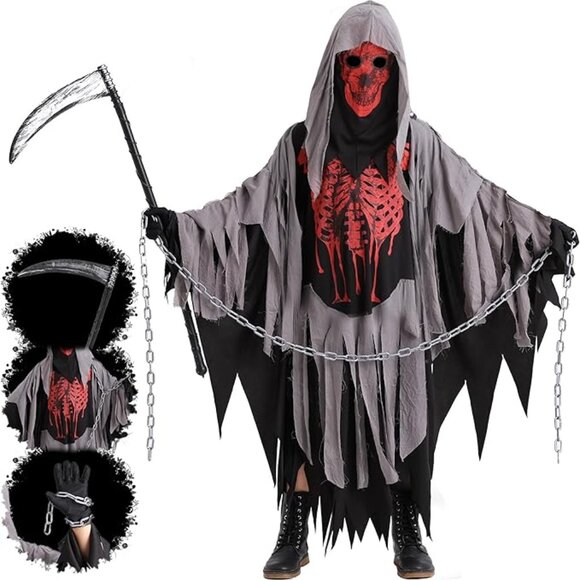 Grim Reaper Children's Halloween Costume Set with Waist Chain and Toy Scythe - Picture 1 of 10